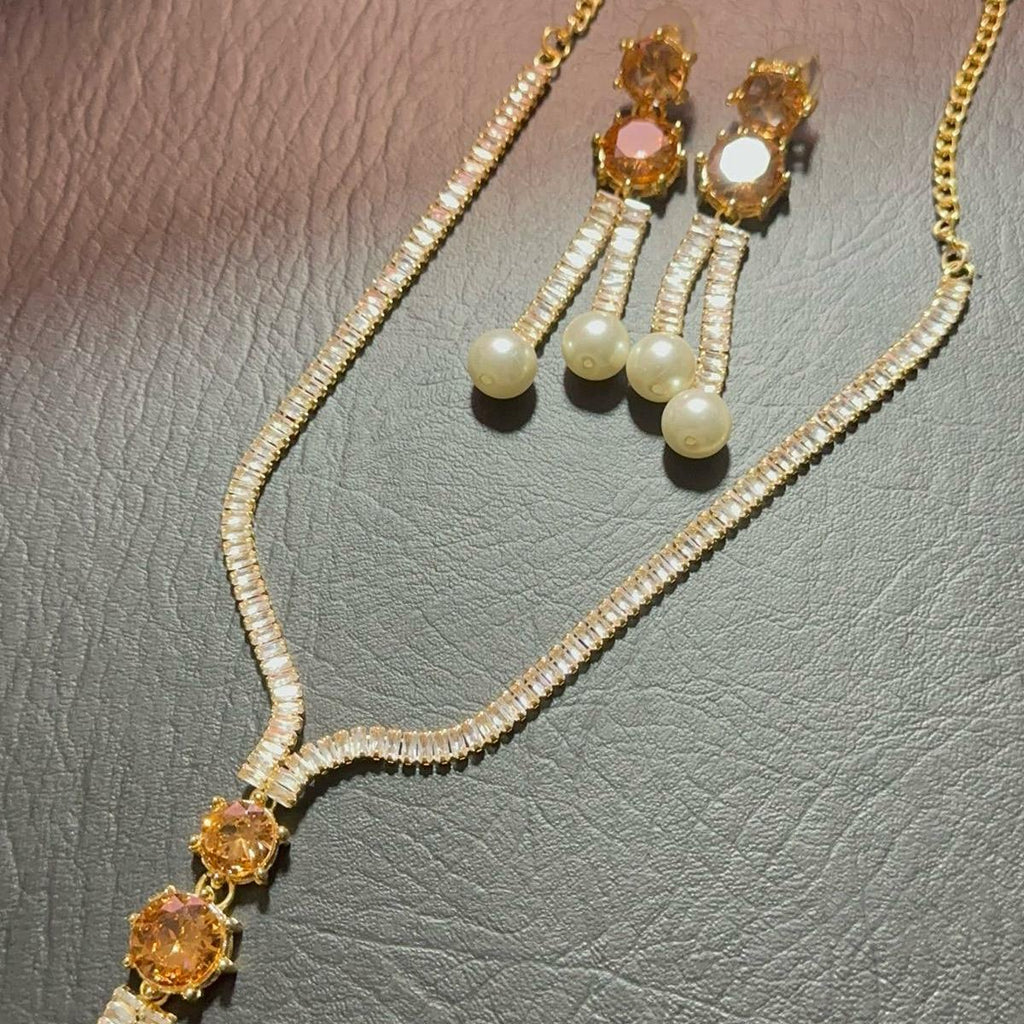 Zircon pearl Long Mala Style Necklace with Earrings for Women - My Jewel Box