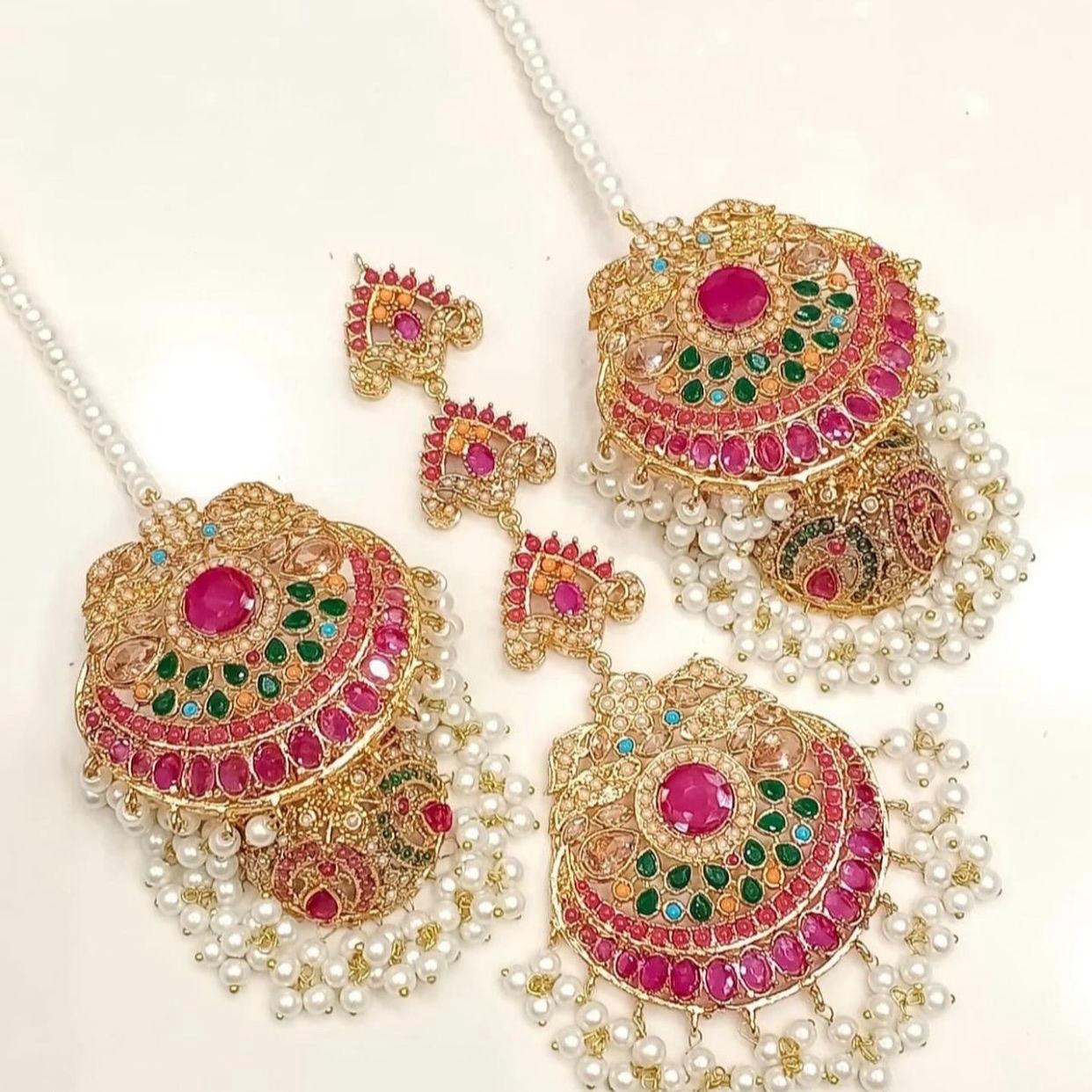 ET 001 MAHAM Nauratan Jhumka Tikka Set for Women - Traditional Indian Jewelry, Perfect for Parties and Special Occasions - My Jewel Box