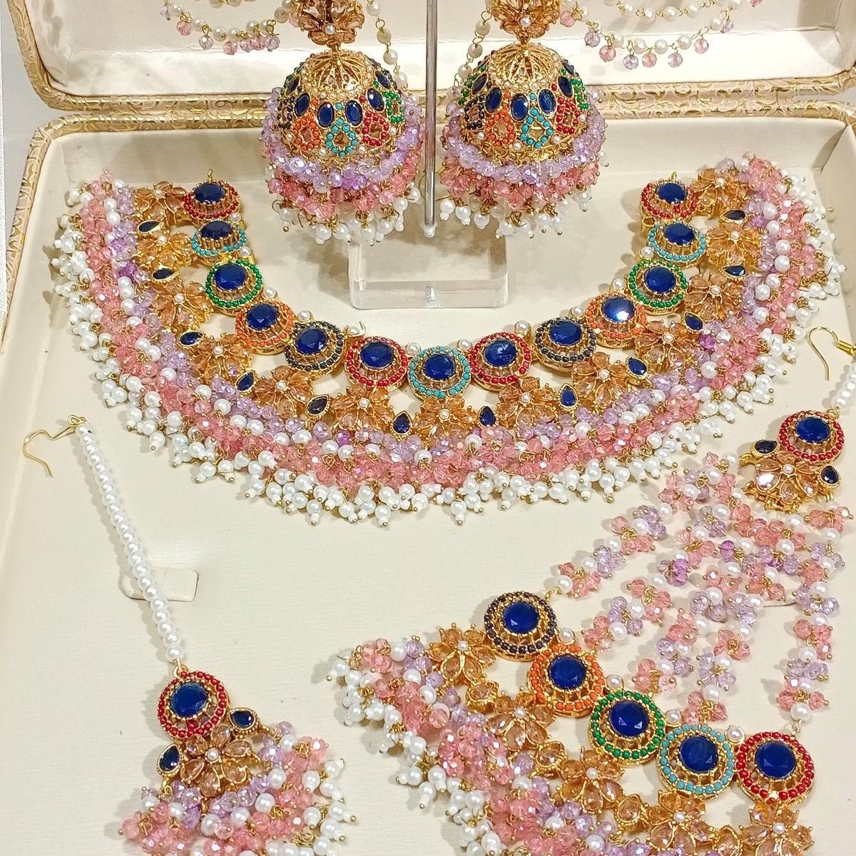 HAYA Nauratan Multi Bridal Set with Jhumka Tekka and pasa- Traditional yet Modern Look - My Jewel Box