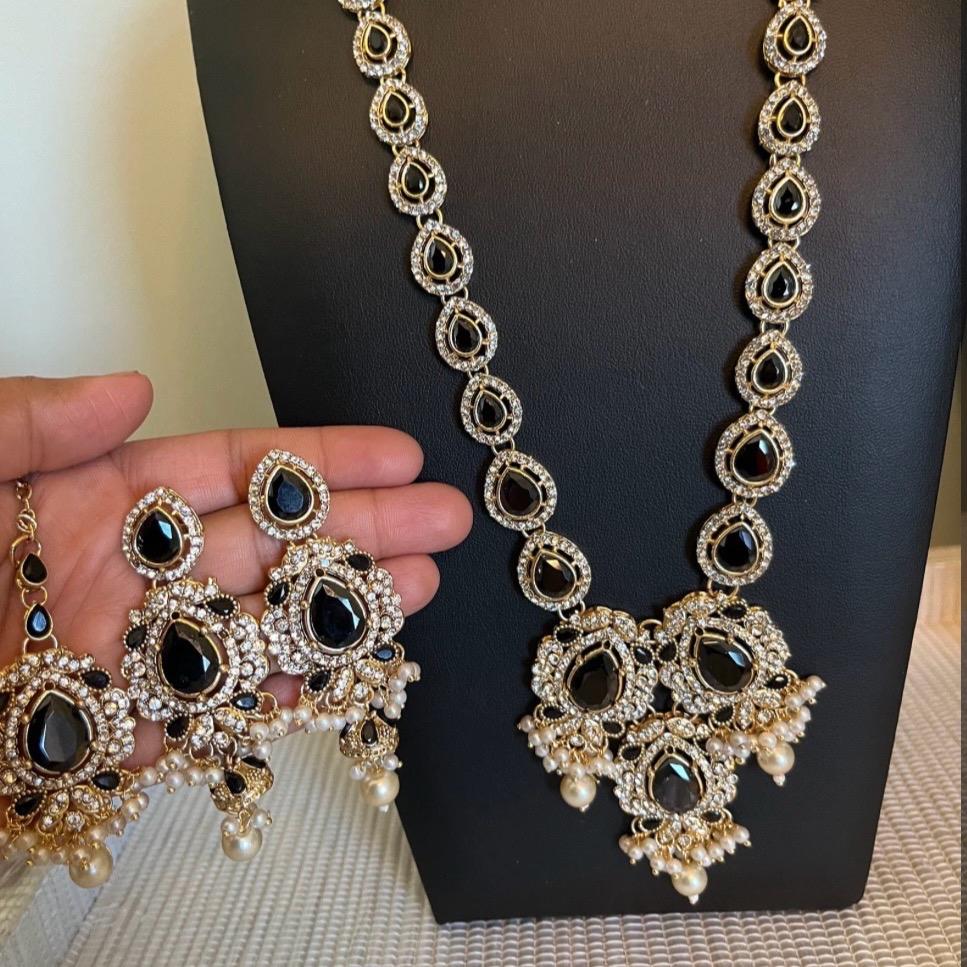 SOBIA Polki and Zircon  long Mala Set with Earrings Tikka for Women - My Jewel Box