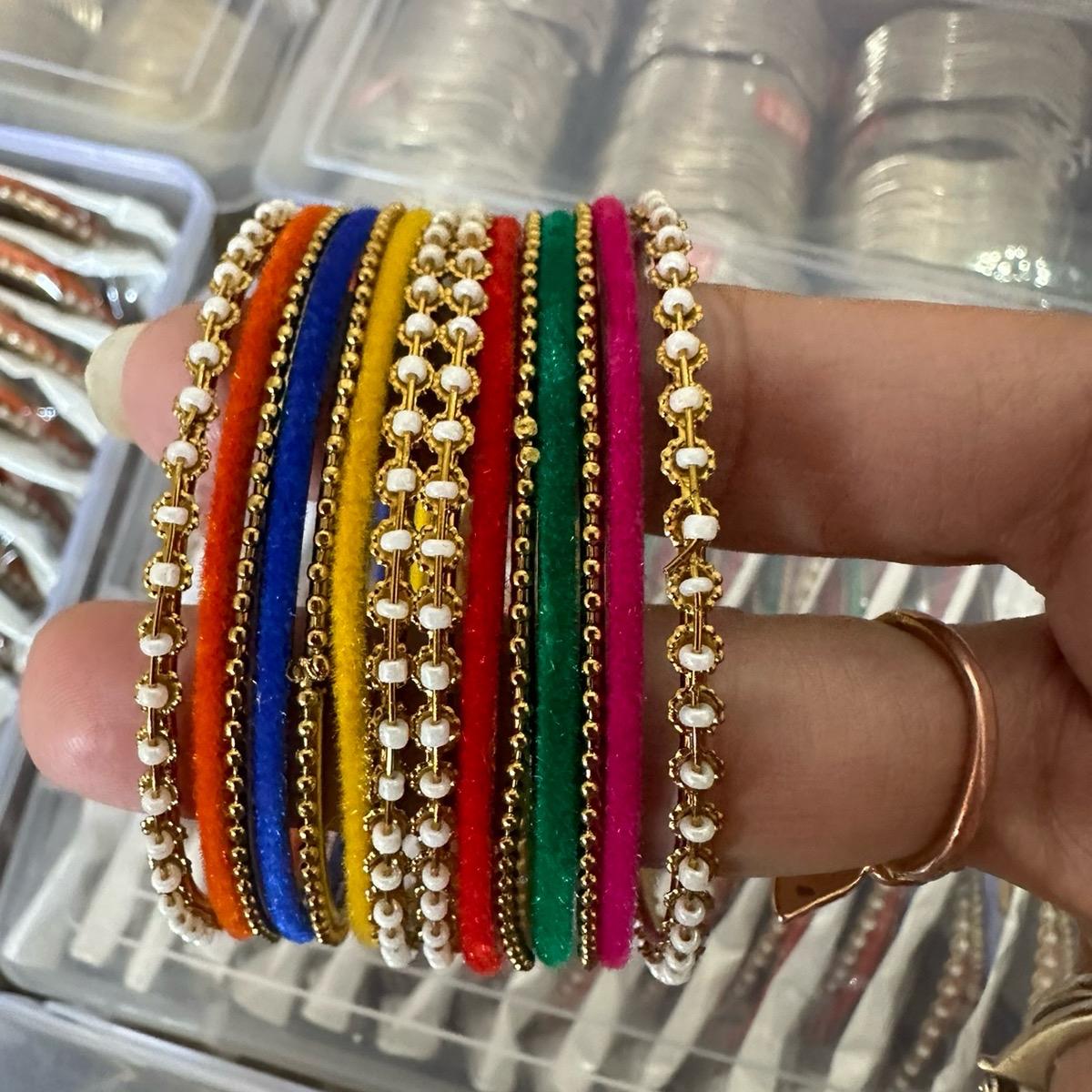 Fancy velvet  Multi coloured metal with faux pearl  work bangles set  bangles DESIGN  5