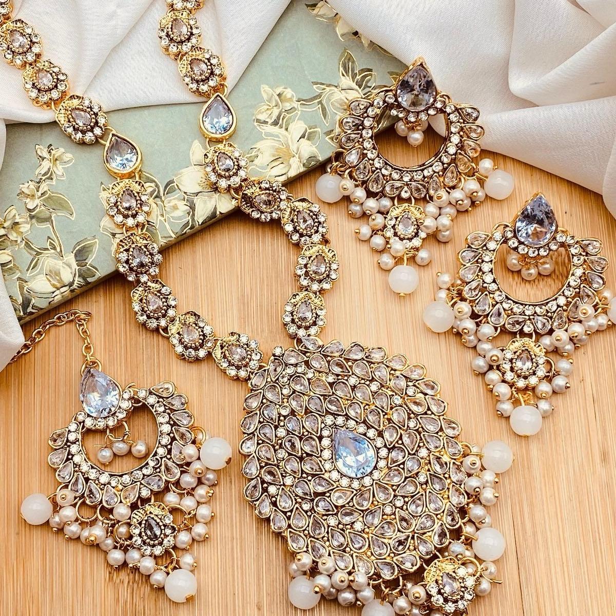 ALVEENA Polki and Zircon Mala Set with Earrings Tikka  Mala Set