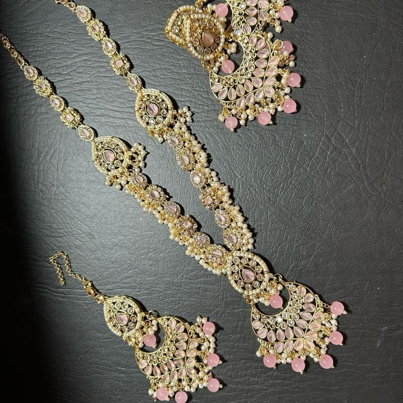Chand Bali Polki and Zircon  long Mala Set with Earrings Tikka for Women - My Jewel Box