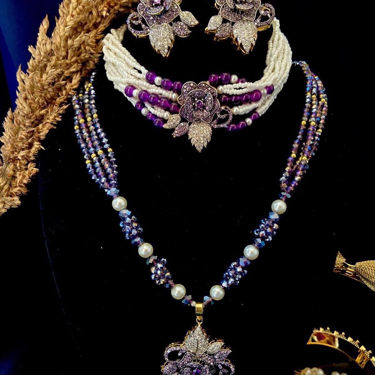 MANAL 3d flowers full zircon work 4 piece set with choker mala abd earring - My Jewel Box