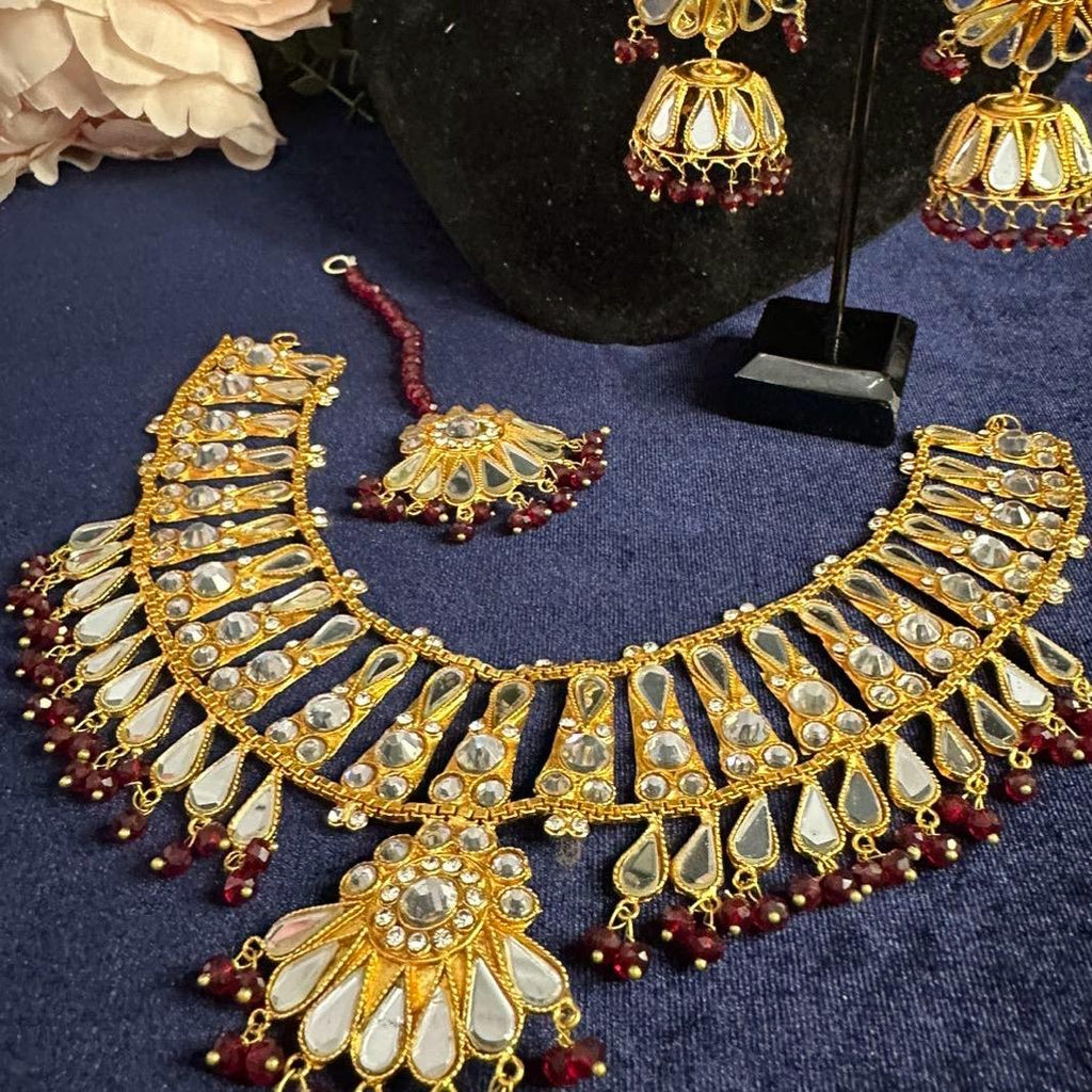 Kundan Hydrabadi Patra Necklace Set with Jhumka Teeka - Traditional Indian Jewelry for Women - My Jewel Box