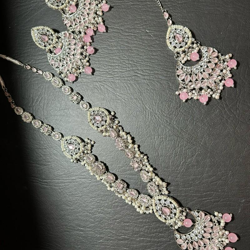 Chand Bali Polki and Zircon  long Mala Set with Earrings Tikka for Women - My Jewel Box
