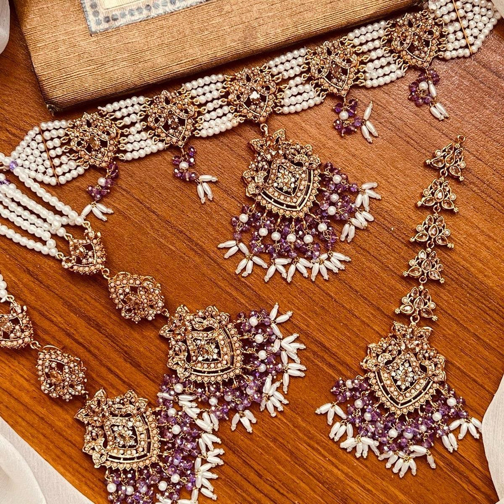 RABEECA Elegant Choker Necklace Set with Earrings, Tikka and Sahare in 6 Colors - My Jewel Box