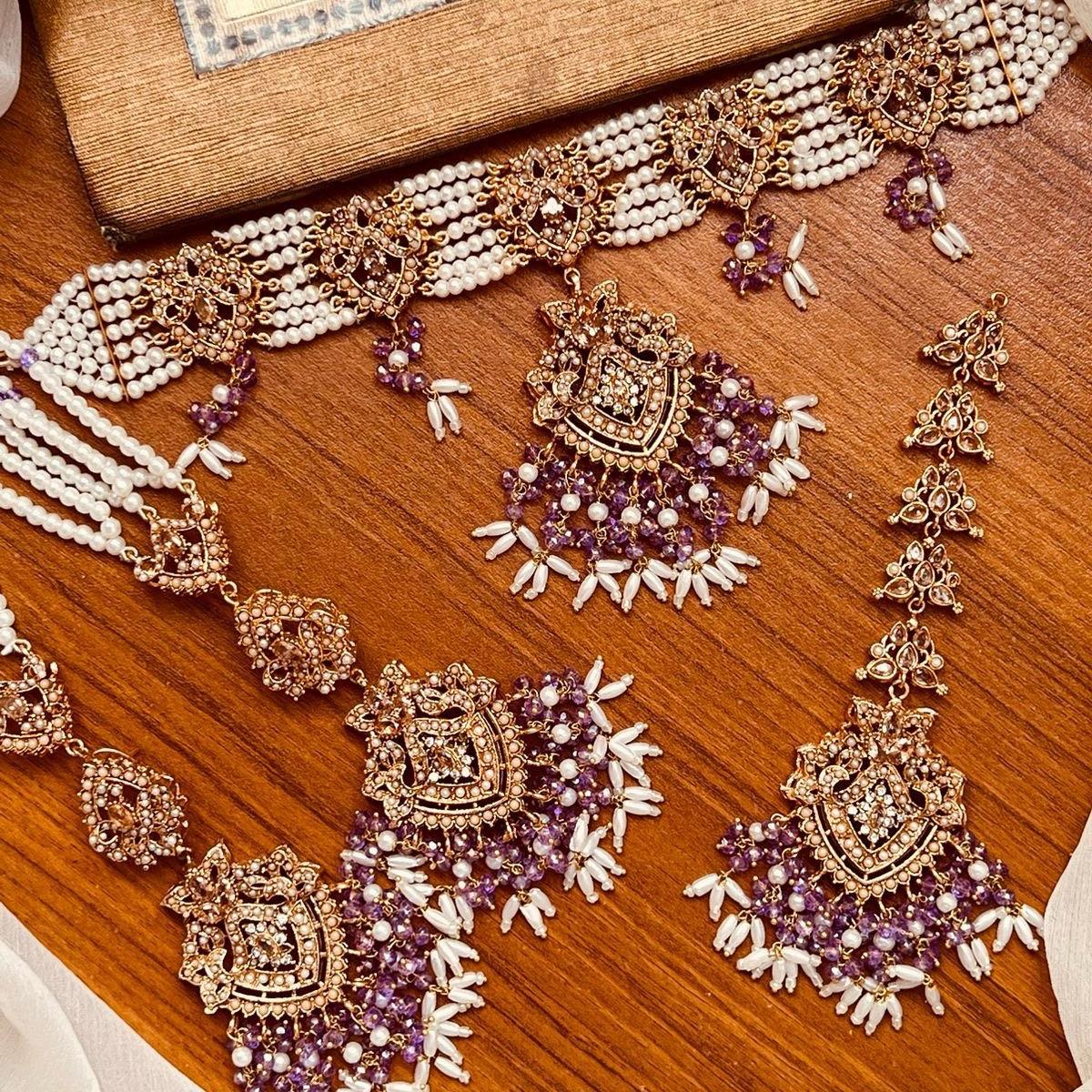 RABEECA Elegant Choker Necklace Set with Earrings, Tikka and Sahare in 6 Colors - My Jewel Box