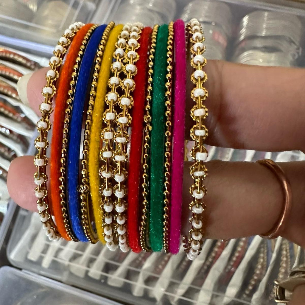 Fancy velvet  Multi coloured metal with faux pearl  work bangles set  bangles DESIGN  5