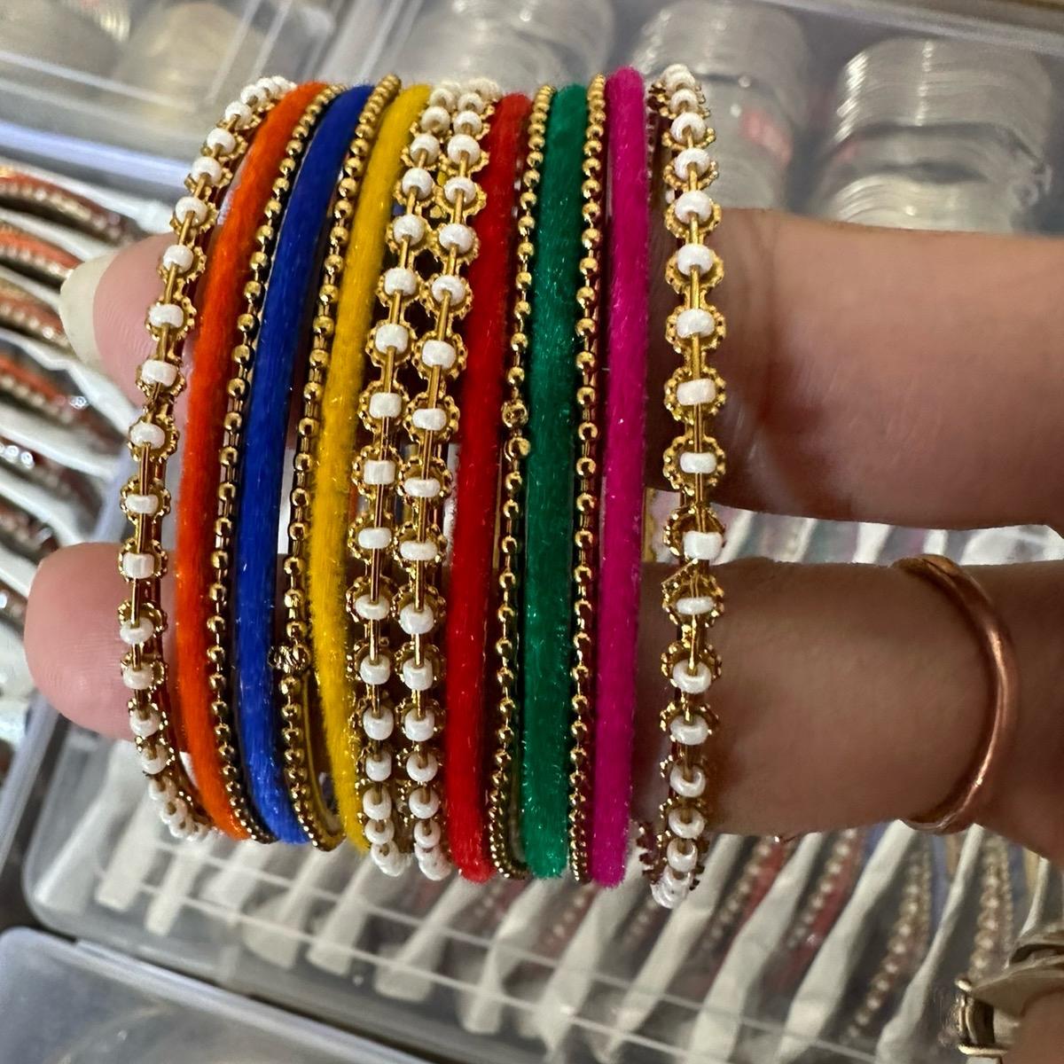 Fancy velvet  Multi coloured metal with faux pearl  work bangles set  bangles DESIGN  5