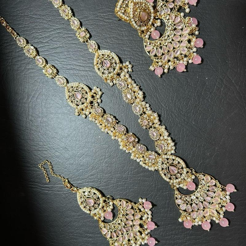 Chand Bali Polki and Zircon  long Mala Set with Earrings Tikka for Women - My Jewel Box