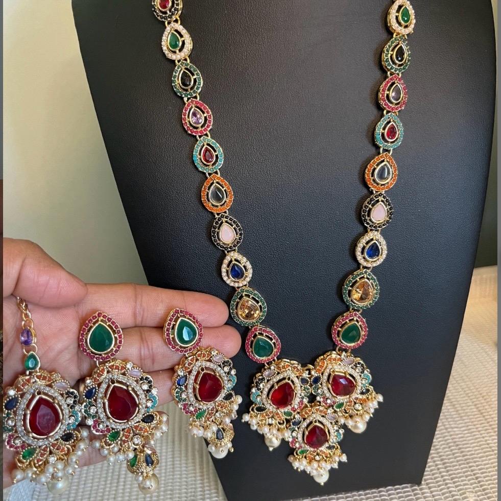 SOBIA Polki and Zircon  long Mala Set with Earrings Tikka for Women - My Jewel Box