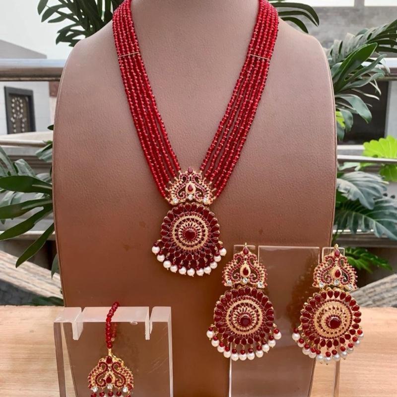 Naina pendants style long mala necklace with earring and tikka - My Jewel Box