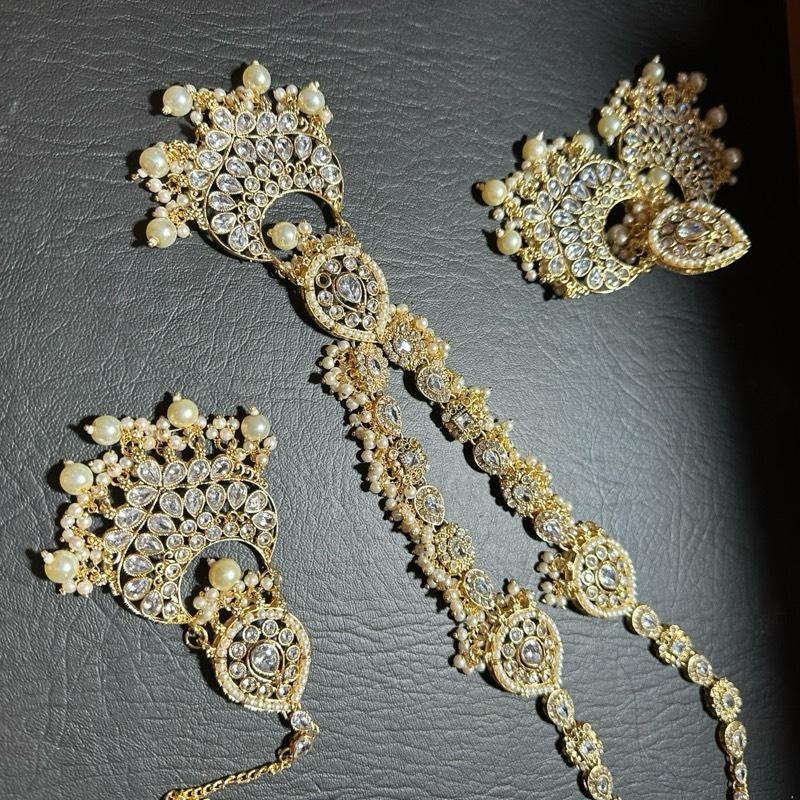Chand Bali Polki and Zircon  long Mala Set with Earrings Tikka for Women - My Jewel Box