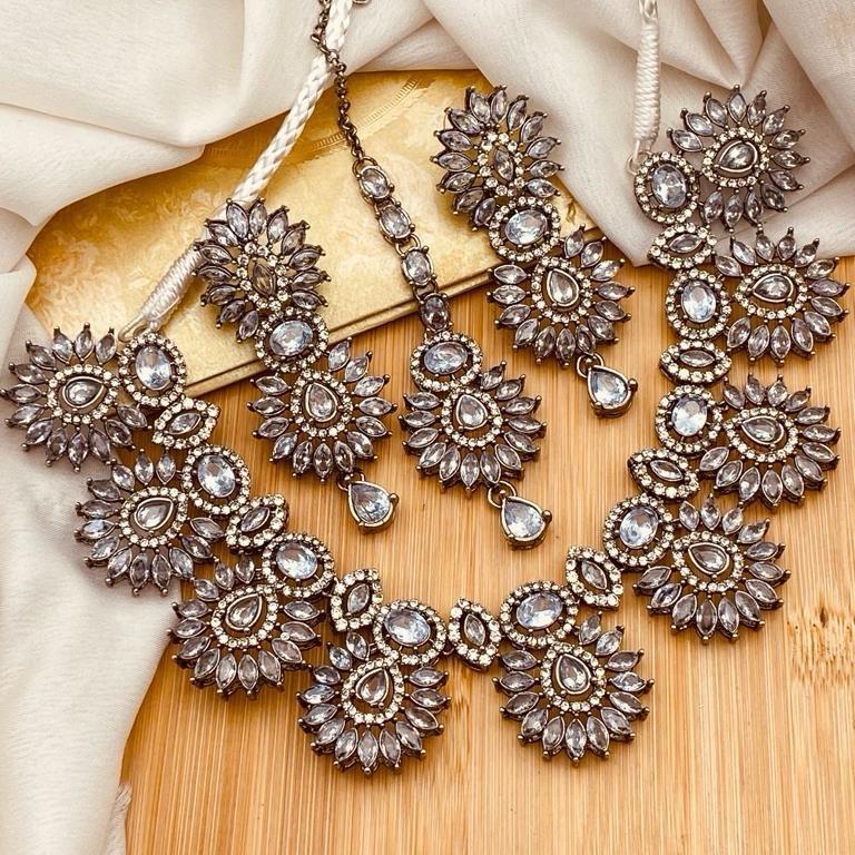 HIBA Zircon Victorian Polish Jewelry Set for Women: Necklace, Earrings & Tikka - Durable and Elegant - My Jewel Box