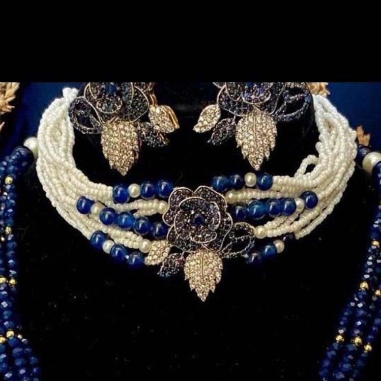 MANAL 3d flowers full zircon work 4 piece set with choker mala abd earring - My Jewel Box