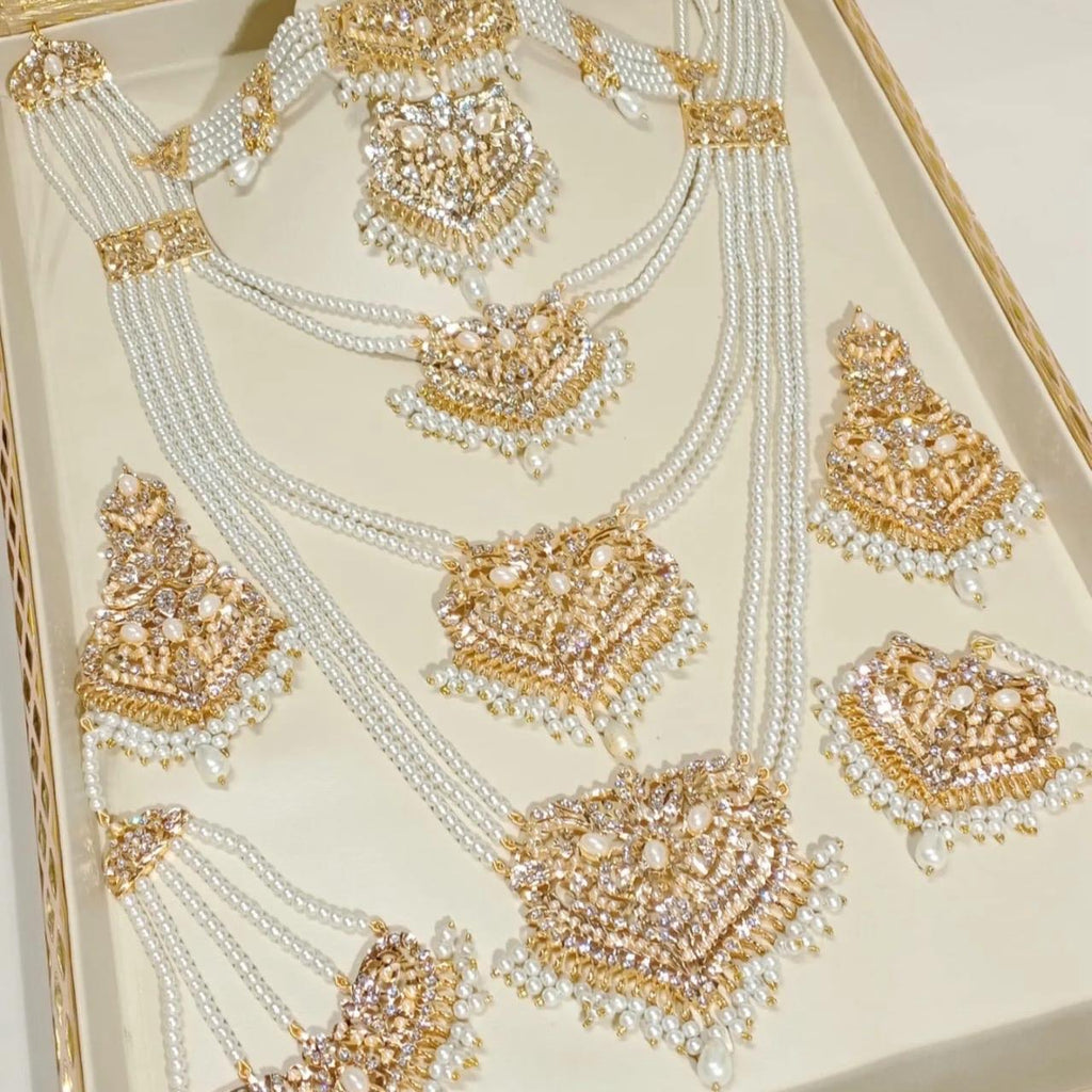 Bridal Pearl Rani Har Mala Set - 5 Piece Set with Choker, Long Mala, Earring, Tikka, and Jhoomer/Pasa