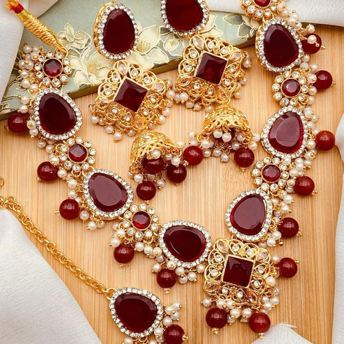AIEMAN  NECKLACE SET WITH REAL STONE Jewelry Set for Women: Necklace, Earrings & Tikka