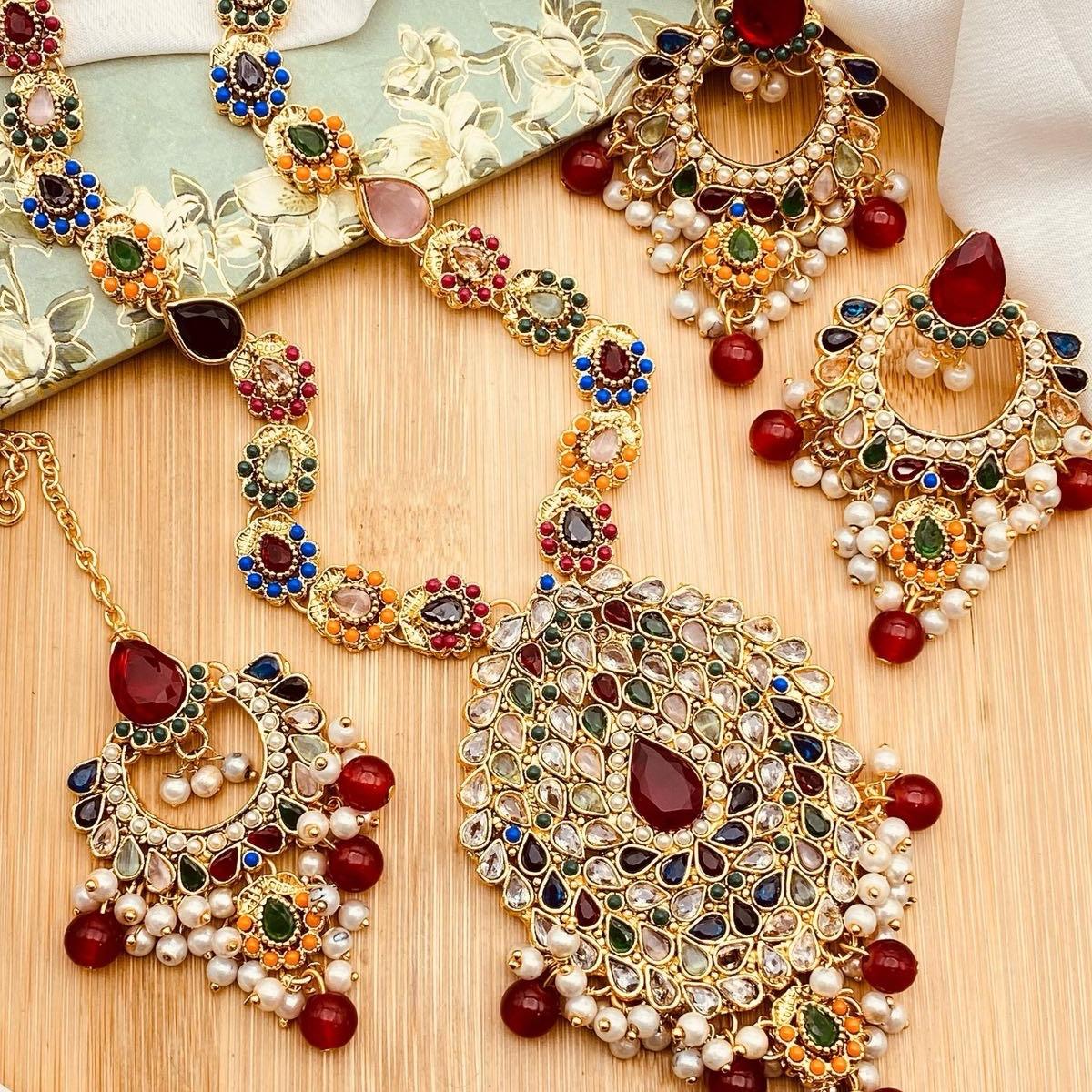 ALVEENA Polki and Zircon Mala Set with Earrings Tikka  Mala Set