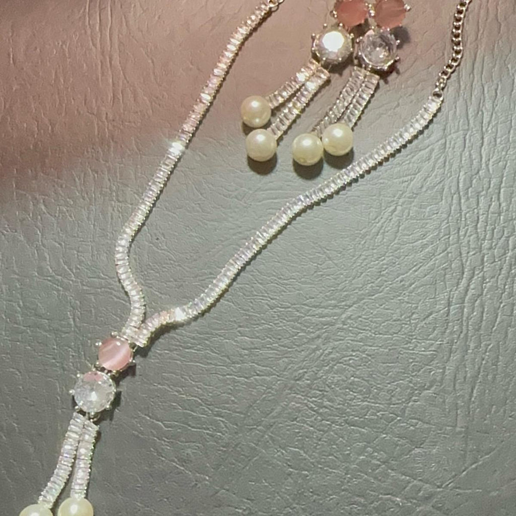 Zircon pearl Long Mala Style Necklace with Earrings for Women - My Jewel Box