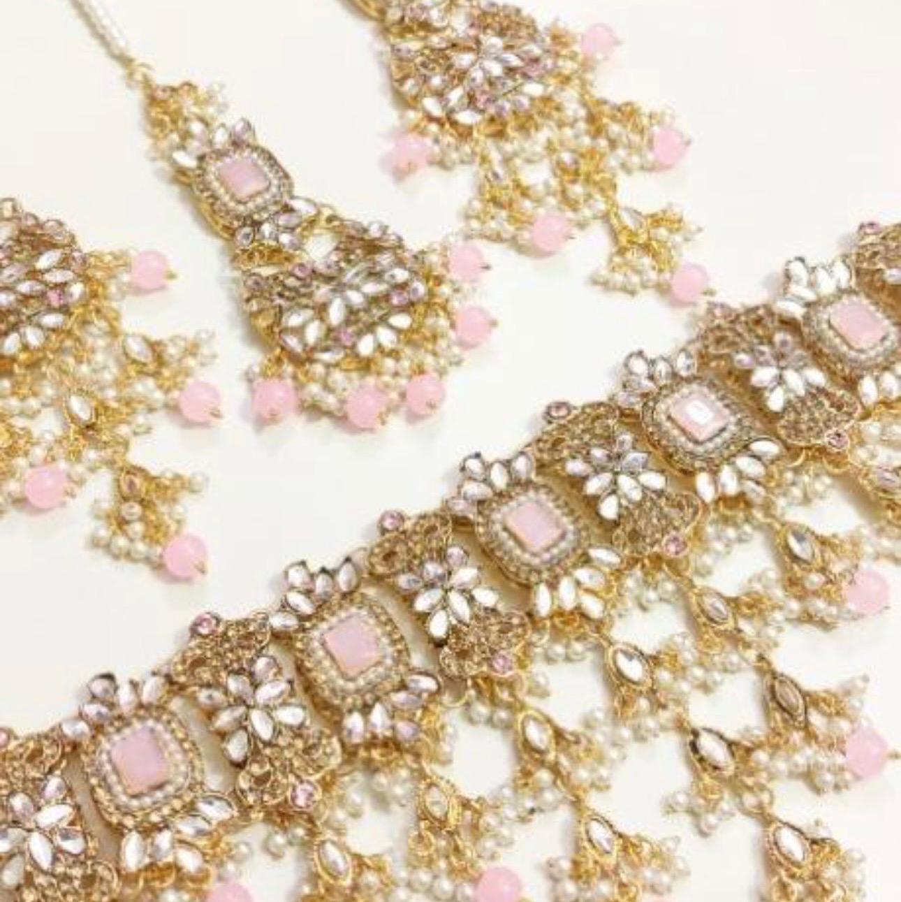 ABEEHA Kundan Bridal/Party Wear Choker Set with Tekka Earring - Red Golden