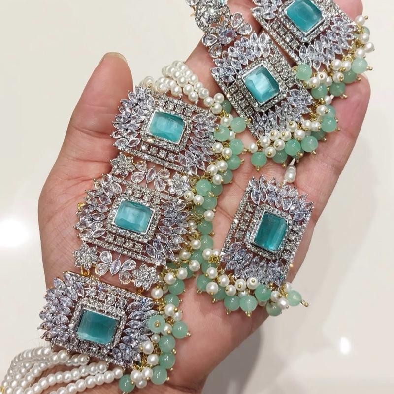 Square stone Beautiful elegant zircon set with earrings and tikka - My Jewel Box