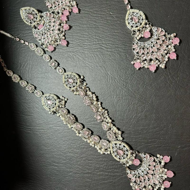 Chand Bali Polki and Zircon  long Mala Set with Earrings Tikka for Women - My Jewel Box