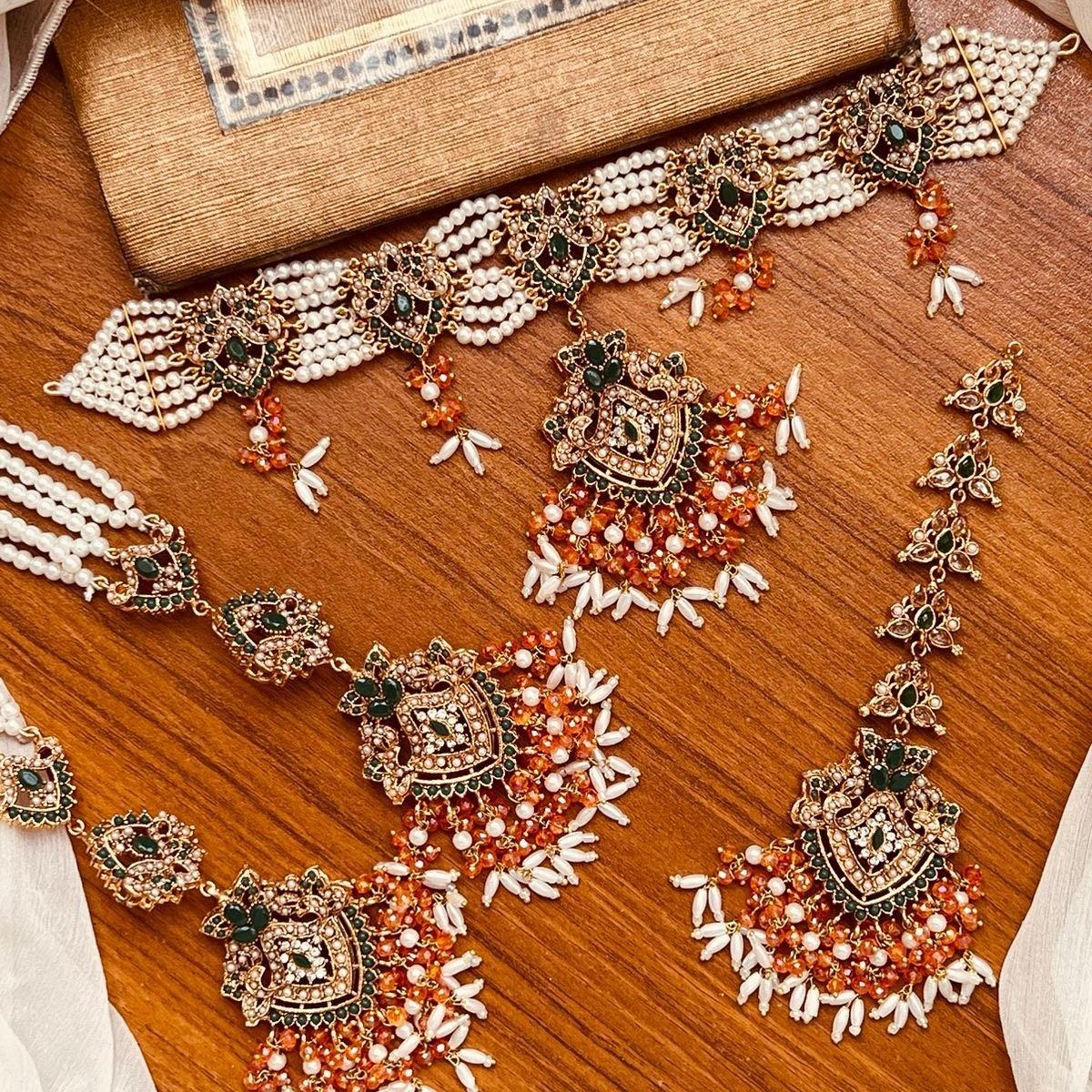 RABEECA Elegant Choker Necklace Set with Earrings, Tikka and Sahare in 6 Colors - My Jewel Box