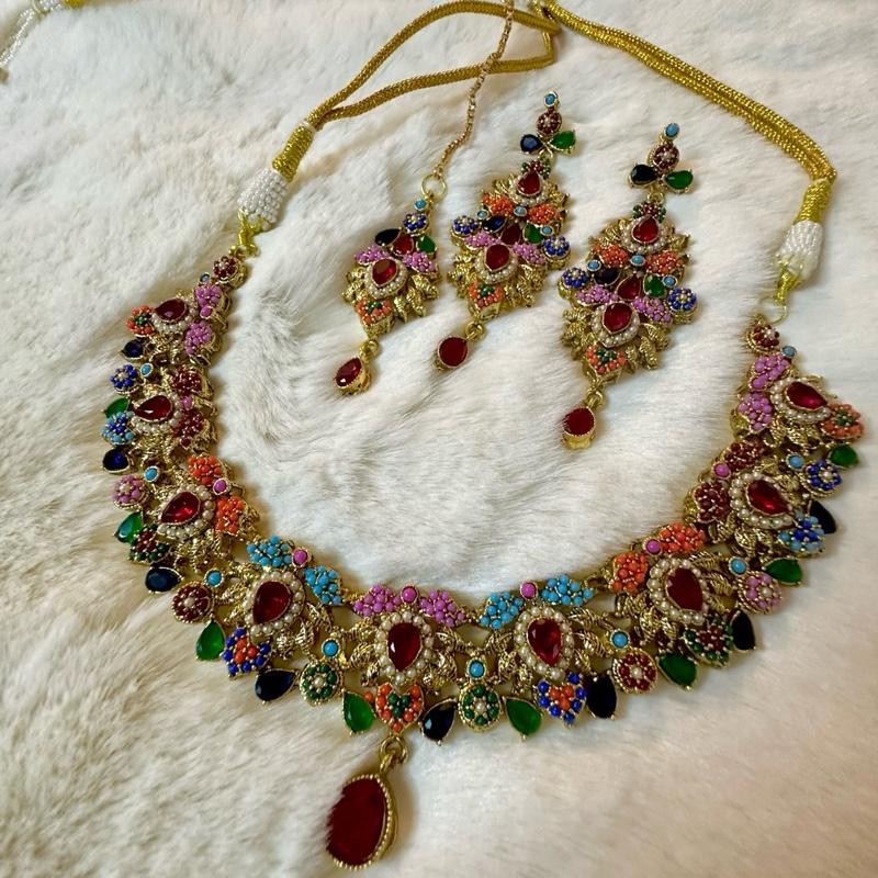 ARWAH Egyptian Necklace Set with Earring Teeka - Gold-Tone Jewellery Set from My Jewel Box - My Jewel Box