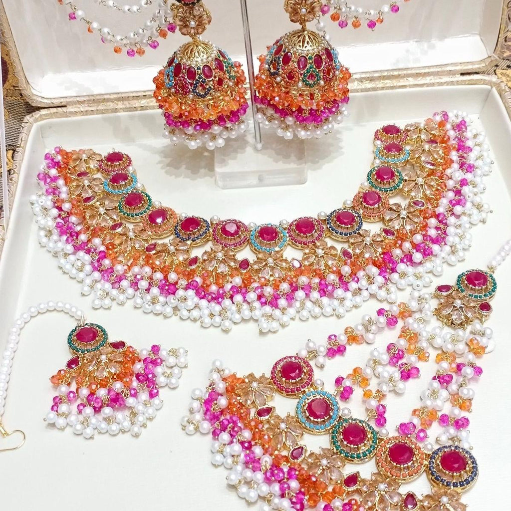 HAYA Nauratan Multi Bridal Set with Jhumka Tekka and pasa- Traditional yet Modern Look - My Jewel Box