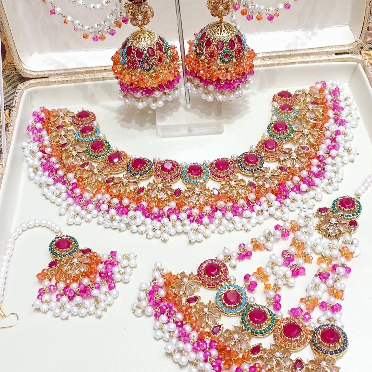 HAYA Nauratan Multi Bridal Set with Jhumka Tekka and pasa- Traditional yet Modern Look - My Jewel Box