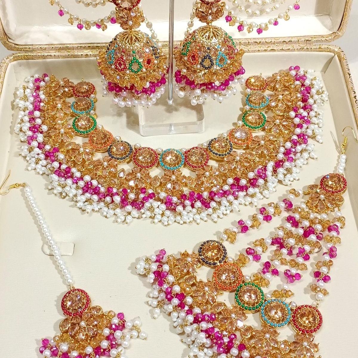 HAYA Nauratan Multi Bridal Set with Jhumka Tekka and pasa- Traditional yet Modern Look - My Jewel Box