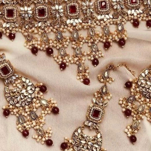 ABEEHA Kundan Bridal/Party Wear Choker Set with Tekka Earring - Red Golden