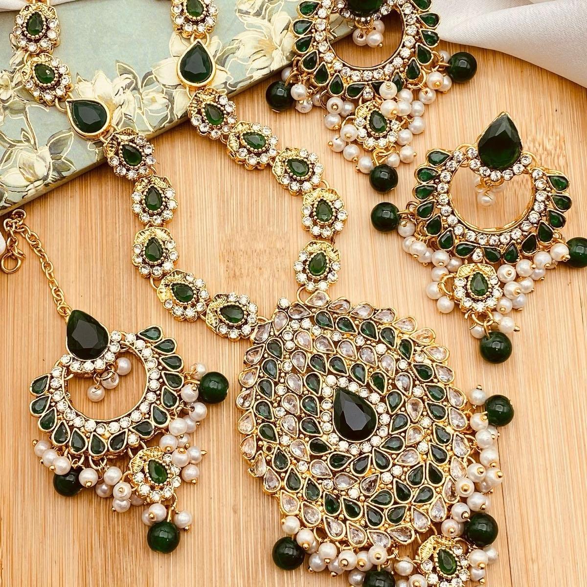 ALVEENA Polki and Zircon Mala Set with Earrings Tikka  Mala Set