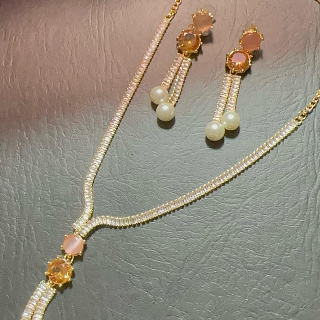 Zircon pearl Long Mala Style Necklace with Earrings for Women - My Jewel Box