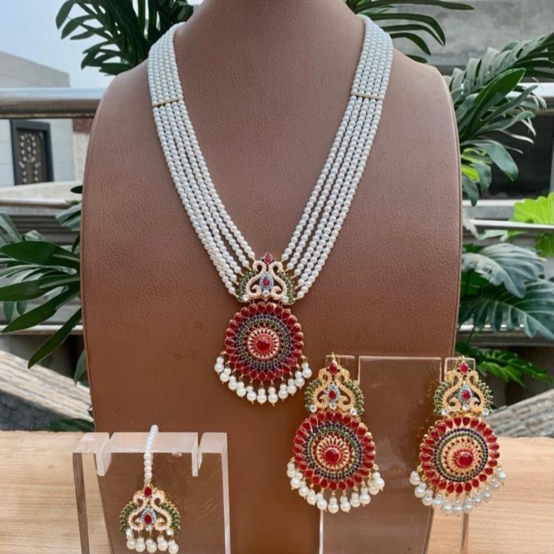 Naina pendants style long mala necklace with earring and tikka - My Jewel Box