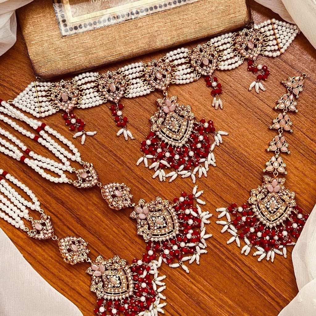 RABEECA Elegant Choker Necklace Set with Earrings, Tikka and Sahare in 6 Colors - My Jewel Box