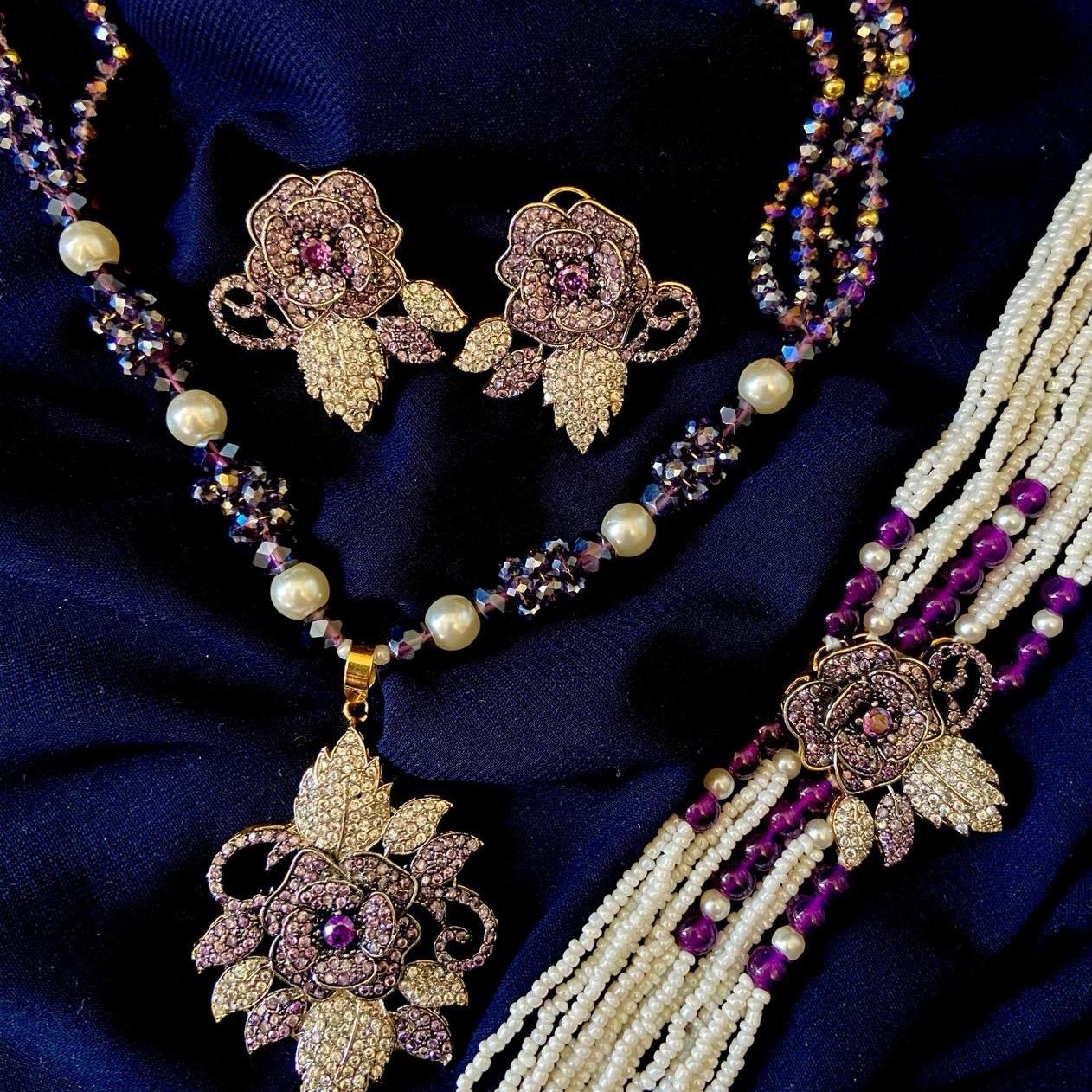 MANAL 3d flowers full zircon work 4 piece set with choker mala abd earring - My Jewel Box