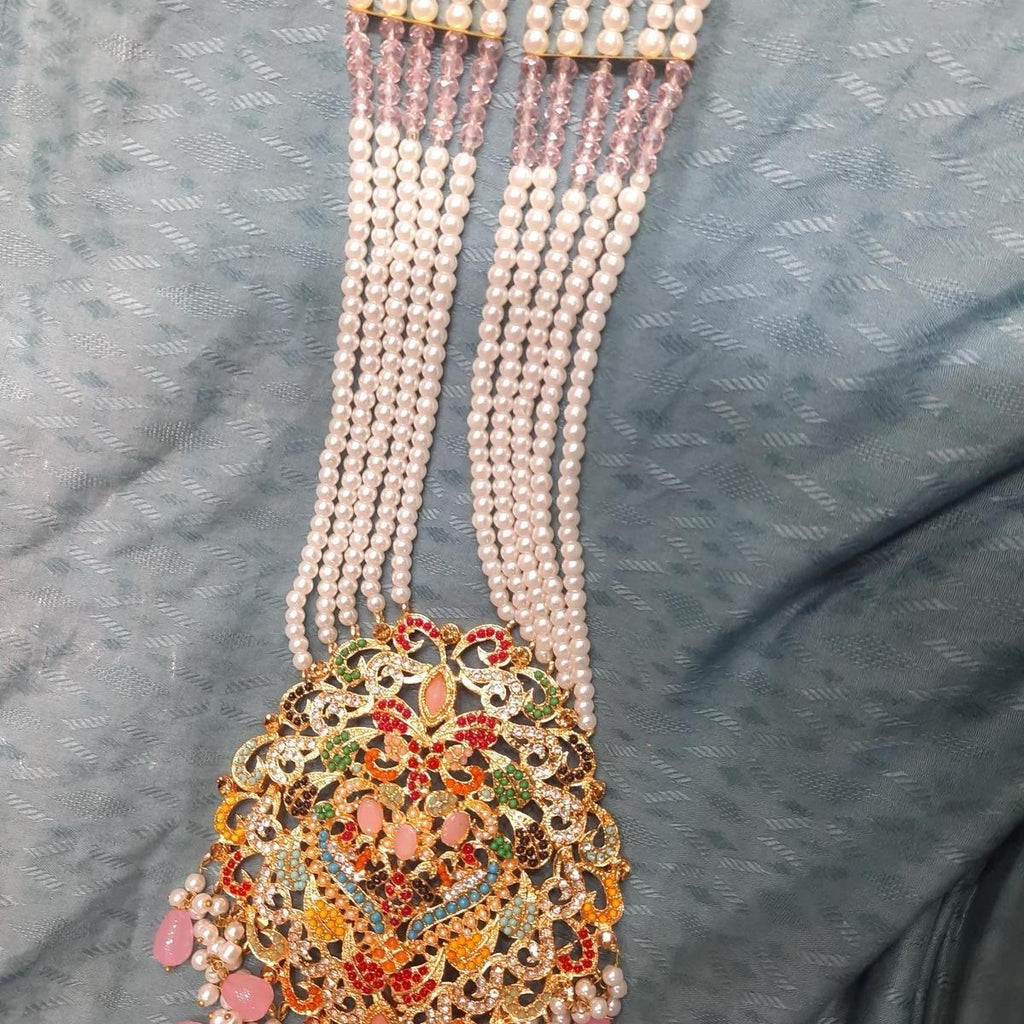 Noor ul ain Long nauratan mala set with pearls with earring tikka - My Jewel Box