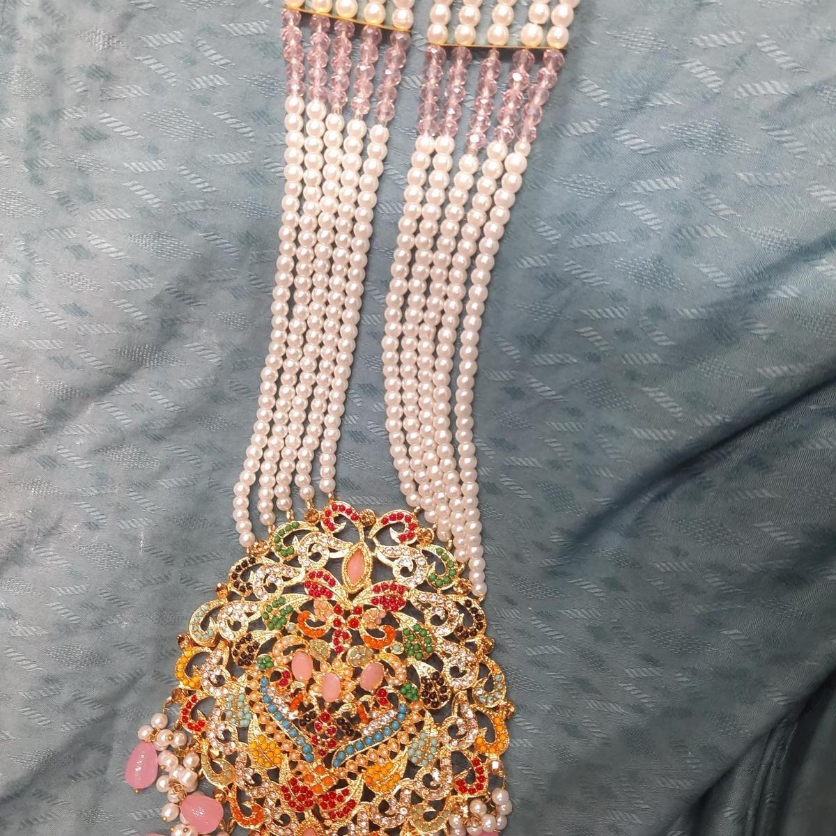 Noor ul ain Long nauratan mala set with pearls with earring tikka - My Jewel Box