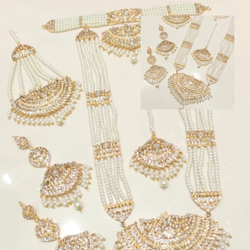 Bridal Pearl Rani Har Mala Set - 5 Piece Set with Choker, Long Mala, Earring, Tikka, and Jhoomer/Pasa