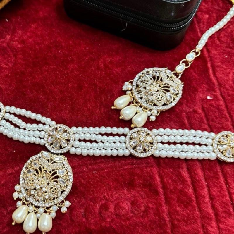 Pearl Kundan choker set with pearls CHOKER WITH EARRING TIKKA - My Jewel Box