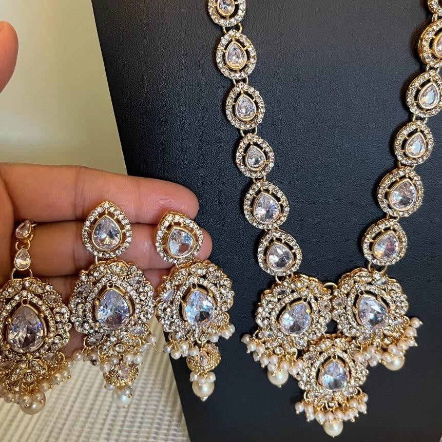 SOBIA Polki and Zircon  long Mala Set with Earrings Tikka for Women - My Jewel Box