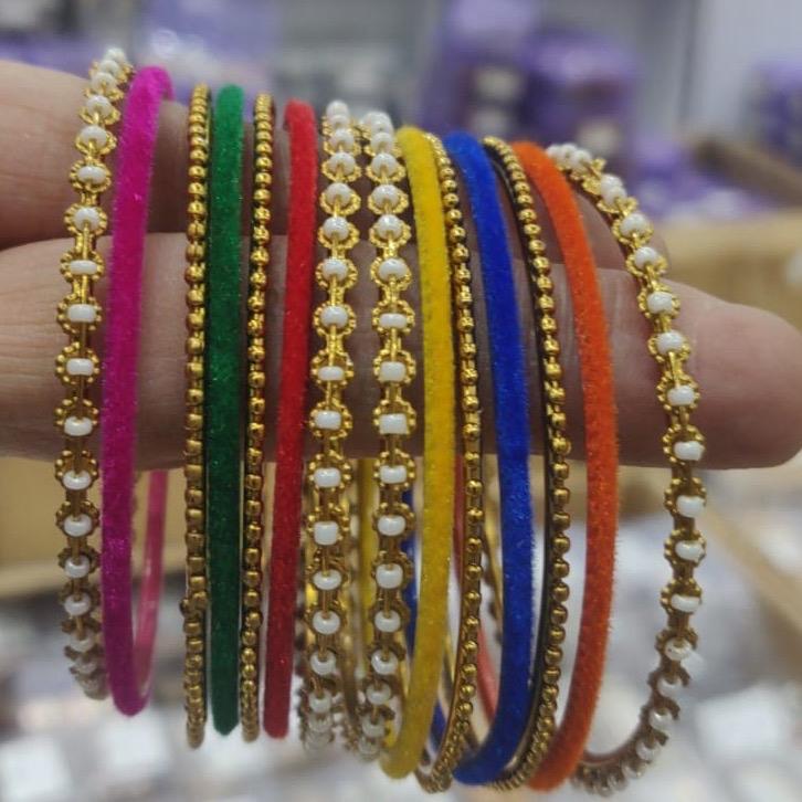 Fancy velvet  Multi coloured metal with faux pearl  work bangles set  bangles DESIGN  5