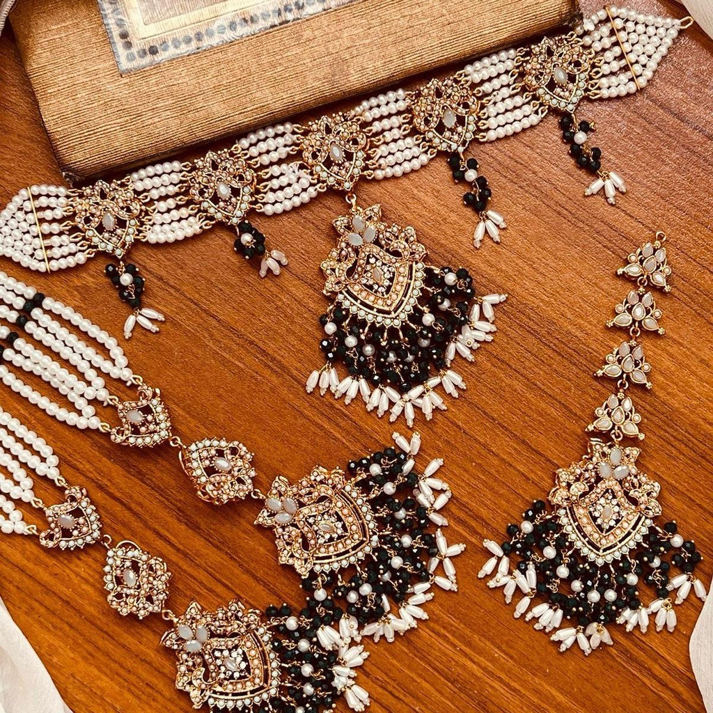 RABEECA Elegant Choker Necklace Set with Earrings, Tikka and Sahare in 6 Colors - My Jewel Box