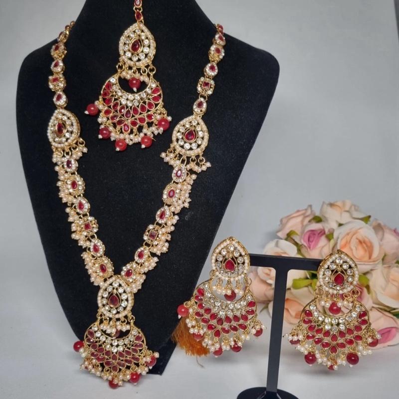 Chand Bali Polki and Zircon  long Mala Set with Earrings Tikka for Women - My Jewel Box