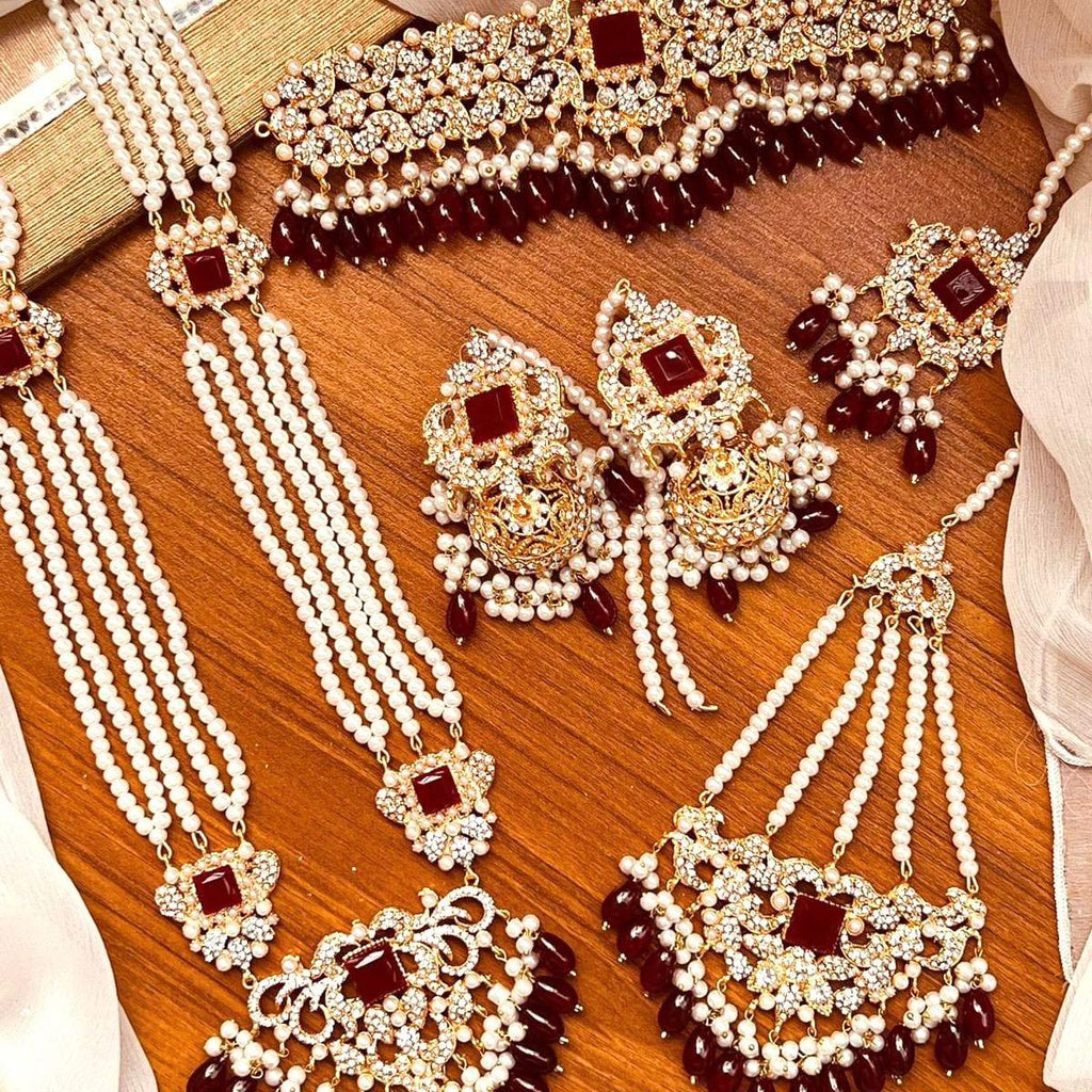 Asian Bridal Set with Choker Necklace, Long Mala Necklace, Earring with Sahare, Bindiya/Tekka, Jhomer/Passa