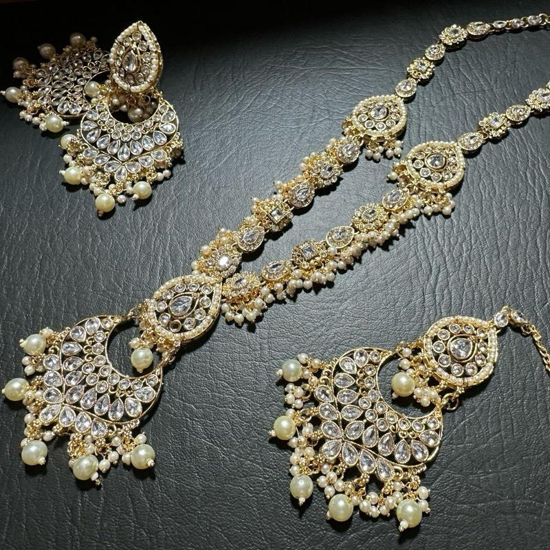 Chand Bali Polki and Zircon  long Mala Set with Earrings Tikka for Women - My Jewel Box