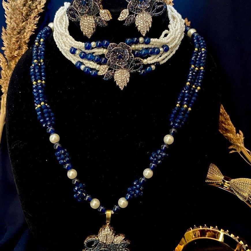 MANAL 3d flowers full zircon work 4 piece set with choker mala abd earring - My Jewel Box