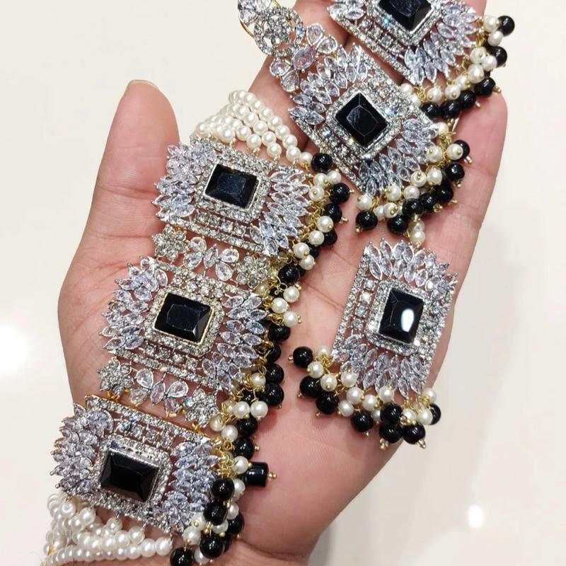 Square stone Beautiful elegant zircon set with earrings and tikka - My Jewel Box